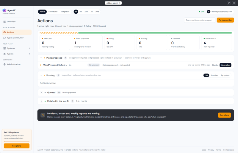 Codenotary AgentX Actions page showing a proposed three-step plan awaiting operator review