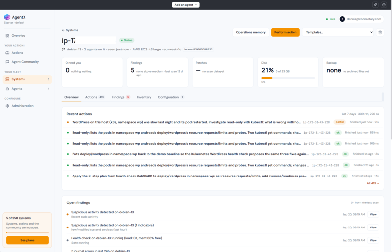 Codenotary AgentX system page showing an online Linux host, findings, actions, disk usage, and backup status