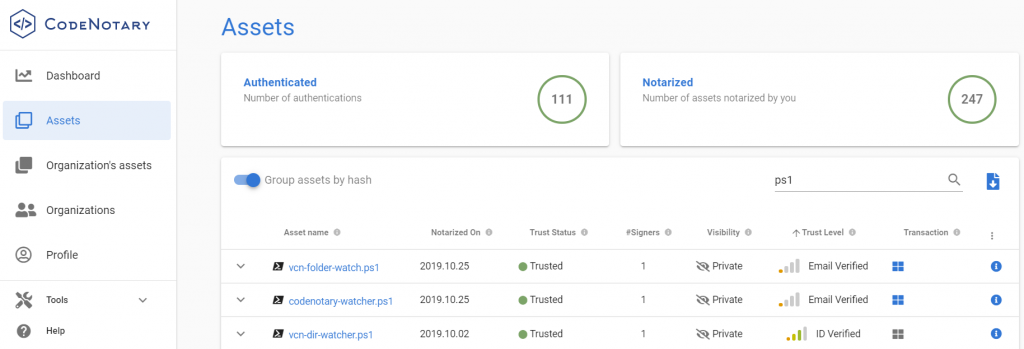 Codenotary dashboard - check the File Trust level