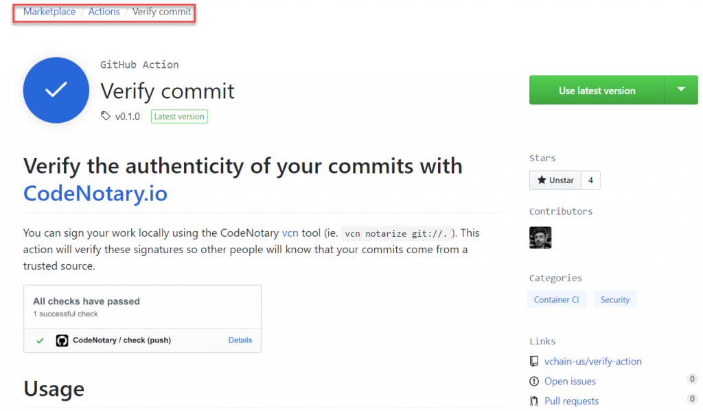 GitHub Action to verify commits