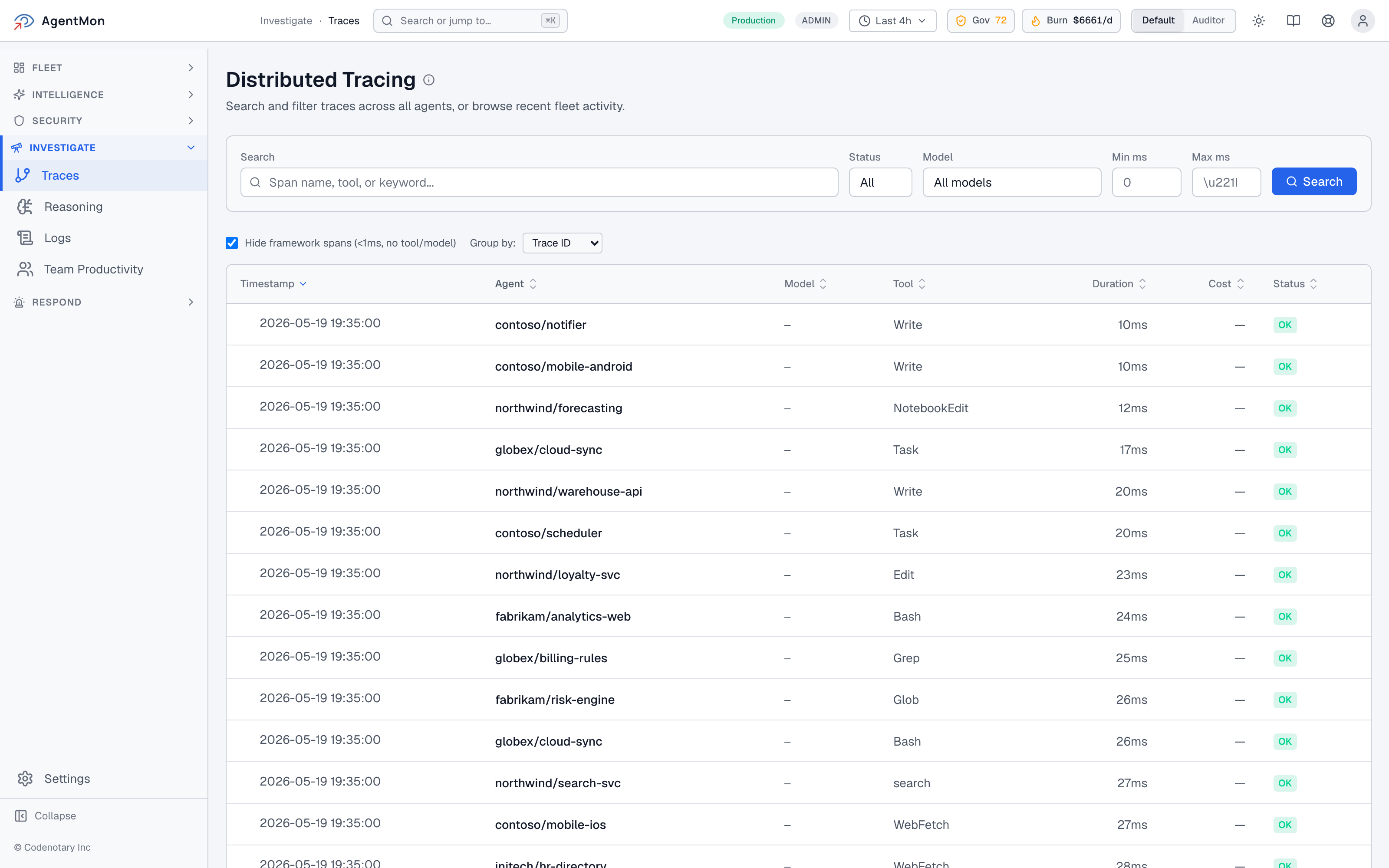 AgentMon Distributed Tracing for AI agent performance monitoring, with filters across the top (Search, Status, Model, Min ms, Max ms) and a table of recent traces — timestamp, agent (northwind/recs-engine, contoso/scheduler, fabrikam/fraud-scoring, etc.), model (claude-3-5-haiku, claude-3-5-sonnet, gemini-2.5-pro), tool (NotebookEdit, Bash, Task, TodoWrite, chat, WebFetch, MultiEdit, Glob, Read), duration (16ms to 6.7s), cost ($0.011 to $0.052), and status (OK).