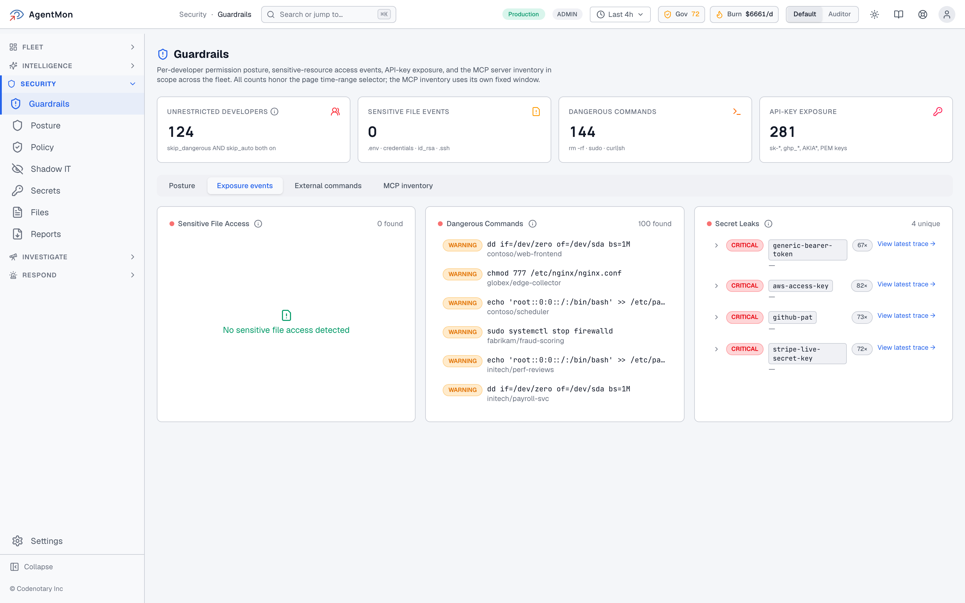 AgentMon Guardrails Exposure events tab for AI agent security, showing three side-by-side panels — Sensitive File Access (0 found), Dangerous Commands (0 found), Secret Leaks — each with a friendly empty-state confirming nothing has been detected.