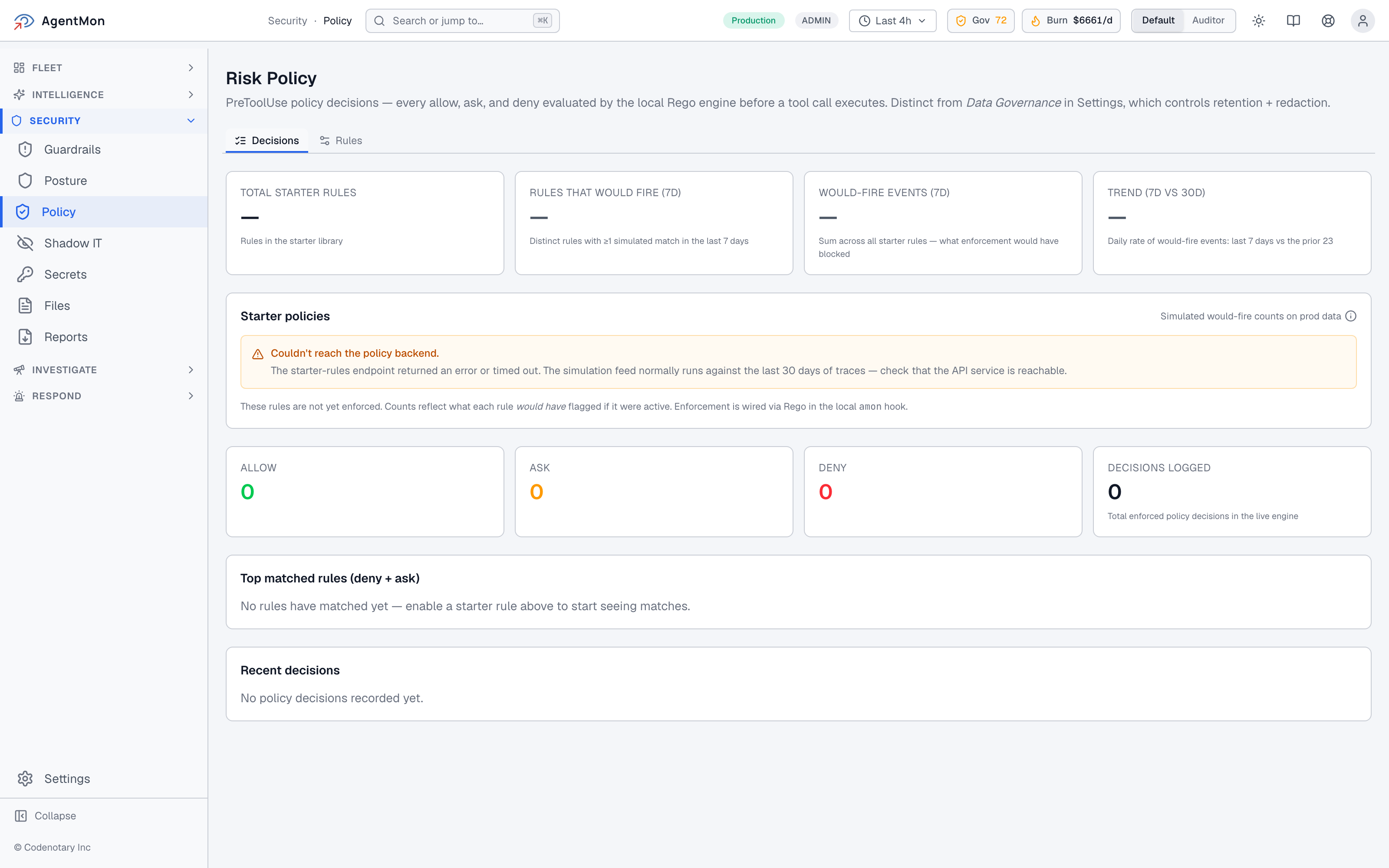AgentMon Risk Policy page for AI agent risk monitoring, showing the Decisions tab. Counters at top: Total Starter Rules, Rules That Would Fire (7d), Would-Fire Events (7d), and Trend (7d vs 30d). Starter Policies grid sits beneath. Lower row shows live ALLOW, ASK, DENY counters and Decisions Logged, with sections for Top Matched Rules and Recent Decisions.